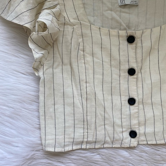 Zara Cream Pin Stripe Ruffle Button Front Crop Top Shirt - Picture 4 of 10